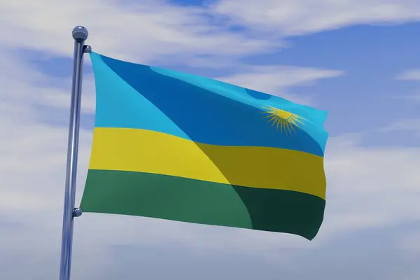 Illustration Waving Flag Rwanda Chrome Flag Pole Blue Sky Background — Stock Photo, Image