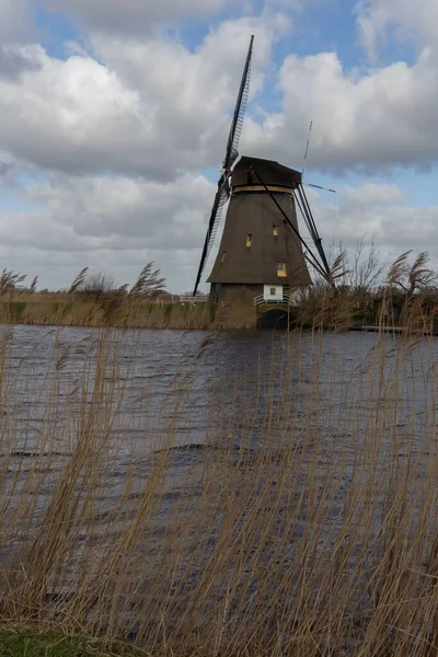 Eine Vertikale Aufnahme Der Kinderdijk Windmühlen Ufer Eines Flusses Den — Stockfoto