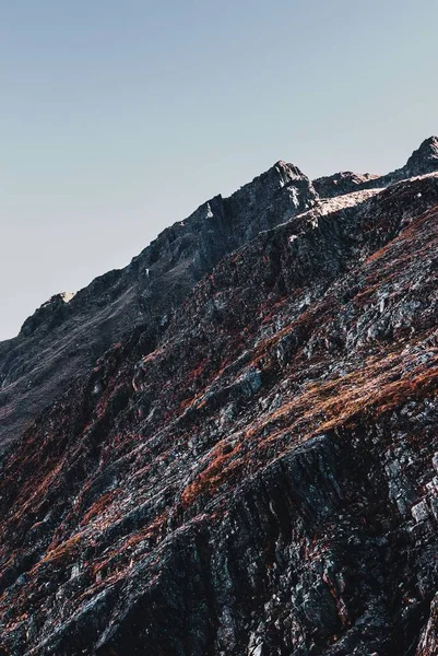 Een Lage Hoek Verticaal Schot Van Grijze Bergkliffen Met Bruine — Stockfoto