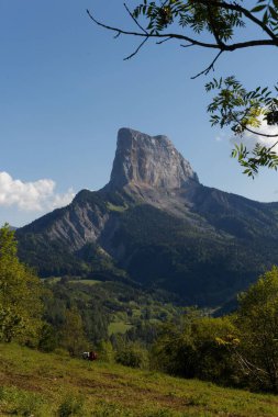 Rocher du Baconnet dağının zirvesinin manzaralı dikey görüntüsü.