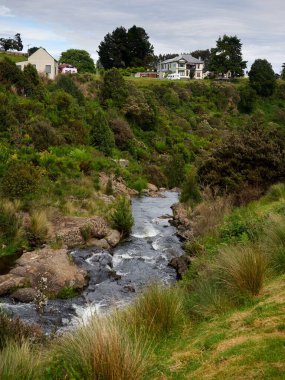 Tazmanya, Avustralya 'da Waratah nehri akan yeşil tepedeki binaların dikey görüntüsü.