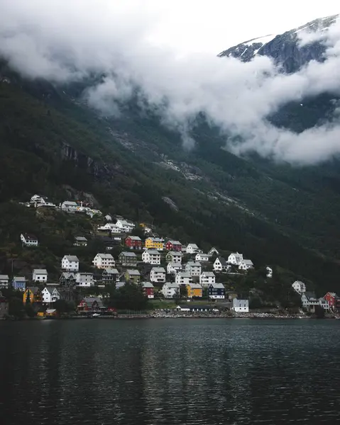 Skandynawskie Domy Norweskiej Wiosce Brzegu Fiordu — Zdjęcie stockowe