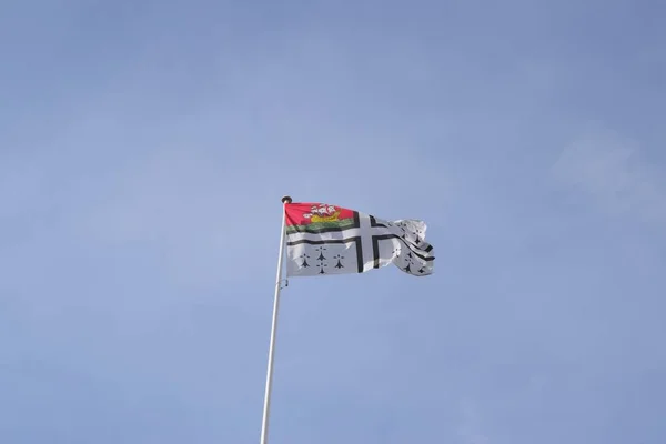 青い空になびく白い旗竿にナント市旗の低角度ショット — ストック写真