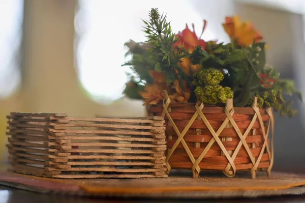 Closeup Handmade Wooden Basket Plants Table — Stock Photo, Image