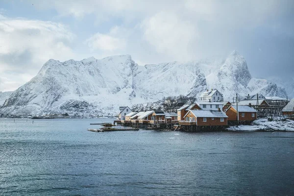 位于挪威罗浮敦群岛的带雪山的海滨别墅 — 图库照片