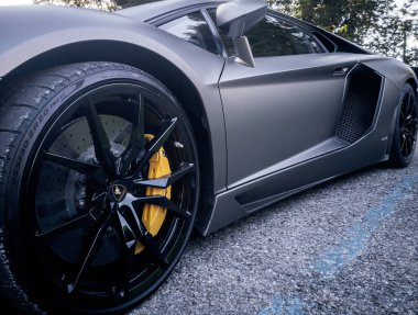 Yeşil ağaçların altına park edilmiş gri bir Lamborghini 'nin alçak açısı.