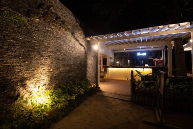 Tuğla duvarın yanındaki bir binanın ve dipteki bitkilerin gece görüşü.