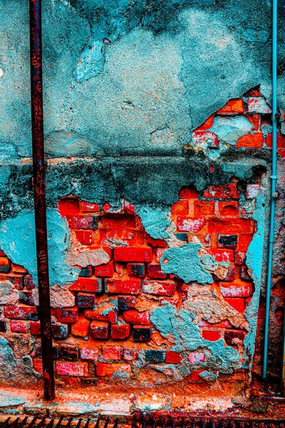 Kırmızı Turkuaz Mavisi Hasarlı Tuğla Bir Duvardan Dijital Resim — Stok fotoğraf