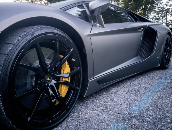 Ângulo Baixo Lamborghini Cinza Estacionado Sob Árvores Verdes — Fotografia de Stock