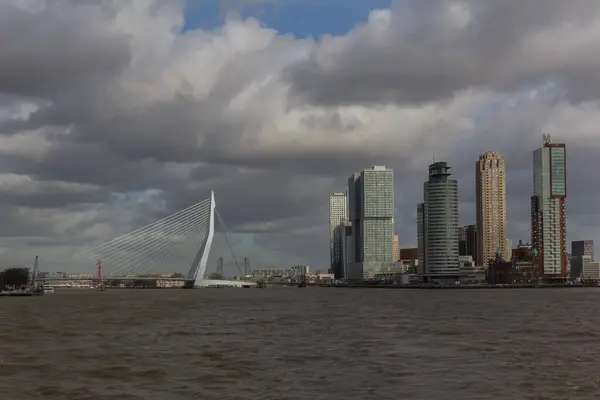 Krásný Záběr Panorama Rotterdamu Přes Vodu Nizozemsku — Stock fotografie