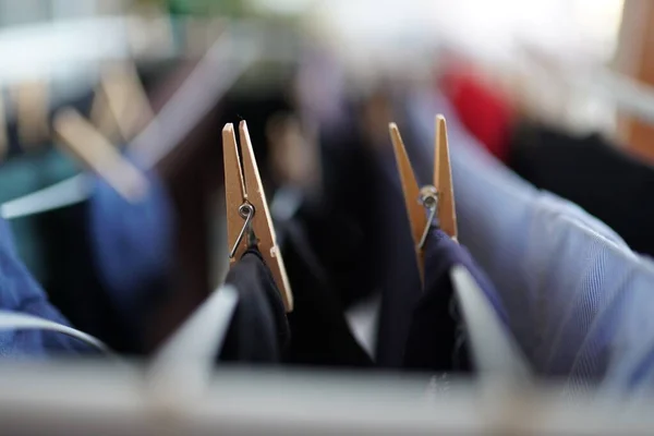 Alfinetes Tiro Foco Seletivo Roupa Secagem — Fotografia de Stock