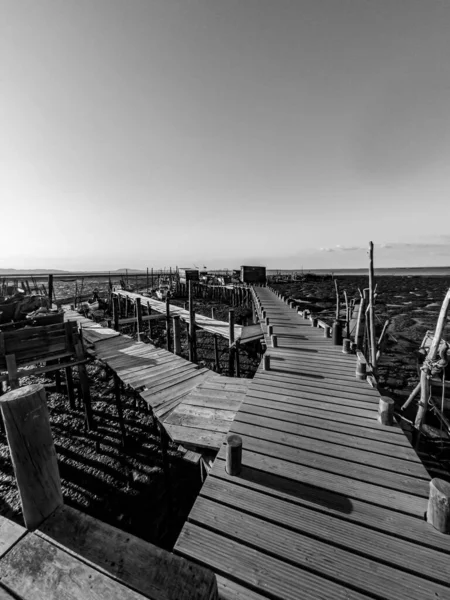 Uma Foto Tons Cinza Dos Pescadores Carrasqueira Porto Tradicional Região — Fotografia de Stock