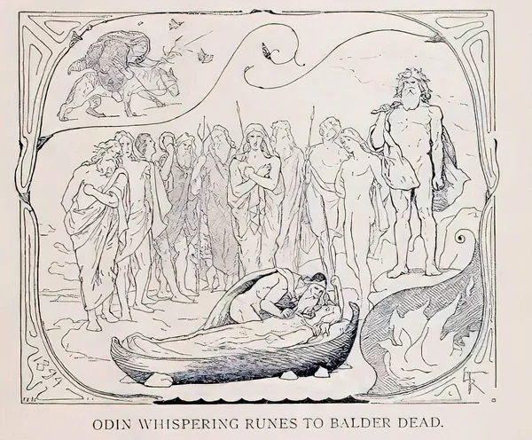 Nineteenth Century Vintage Illustration Odin Whispering Runes Dead Balder Norse — Stock Photo, Image