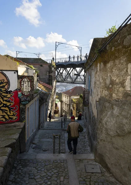 Street Luis Bridge Man Walking Foreground Porto — Stock Photo, Image