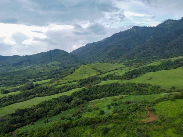 Drohnenblick Auf Eine Grüne Landschaft Voller Bäume Hintergrund Der Berge — Stockfoto
