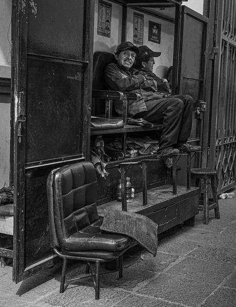 Closeup Shoe Shinner Taking Break His Elevated Shoe Polishing Studio Stock Image