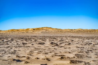 Kumsalda kumlu bir ön cephede, arka planda açık mavi bir gökyüzü.