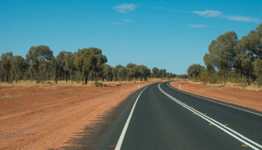 Mavi parlak gökyüzünün altında yoğun yeşil ağaçlarla çevrili bir yol manzarası