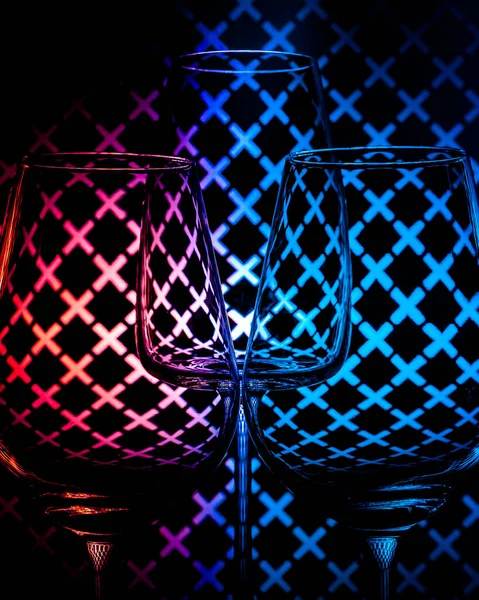 Closeup Three Wine Glasses Front Colored Background — Stock Photo, Image