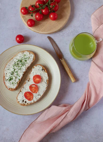Plate Healthy Scandinavian Smorgas Smorrebrod Open Sandwich Breakfast Cream Cheese — Stock Photo, Image