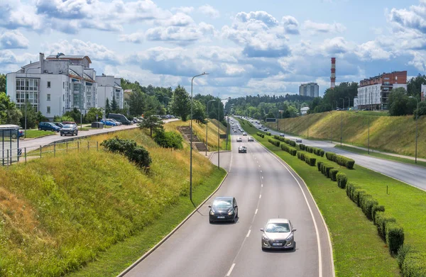 View Major Traffic Highway Modern Skyscrapers District Background Vilnius Lithuania — Stock Photo, Image