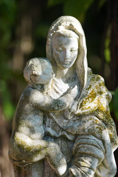 Colpo Verticale Una Statua Madonna Ricoperta Muschio — Foto Stock