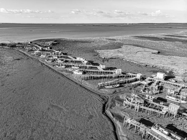 Grayscale Aerial View Carrasqueira Fishermen Traditional Port Comporta Region Light — Stock Photo, Image