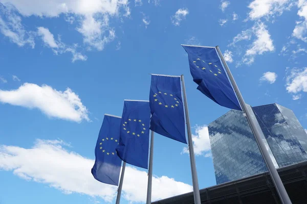 Nízkoúhlý Snímek Evropských Vlajek Před Budovou Evropské Centrální Banky Německo — Stock fotografie