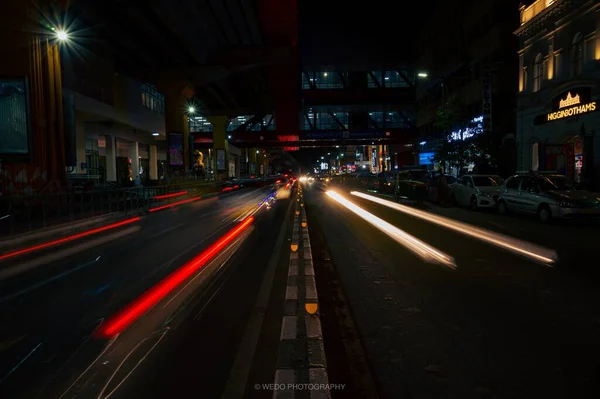 Dlouhý Záběr Semaforů Dálnici Noci Bangalore Indii — Stock fotografie