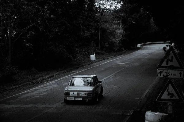 Ένα Grayscale Πλάνο Της Bmw 2002 Ένα Παλιό Ράλι Αγωνιστικών — Φωτογραφία Αρχείου