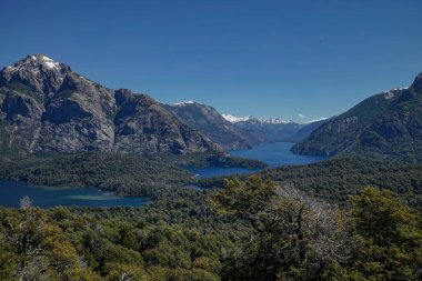 Arjantin 'in Bariloche şehrinde ilkbahar veya yaz aylarında ormanlar ve nehir manzarası.