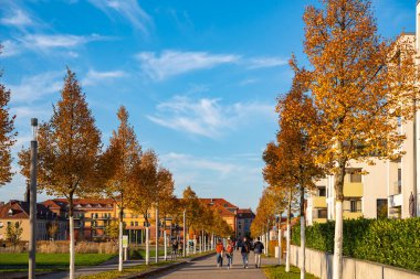 Sonbaharda Almanya 'nın Landau kentindeki Landesgartenschau topraklarında yürüyen bazı insanlar