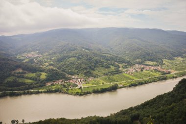 Avusturya 'nın Vachau kentindeki Tuna kıyısındaki en iyi şarap mahzeni manzarası.