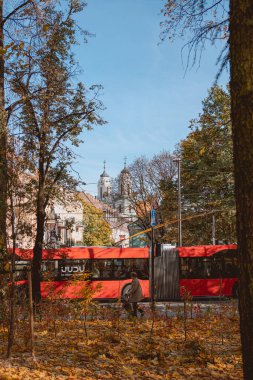 Litvanya, Vilnius 'taki parkın yakınından geçen kırmızı bir otobüs manzarası