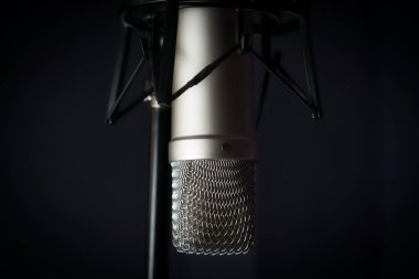 Stüdyo kayıtları için kullanılan profesyonel sabit mikrofonun yakın plan görüntüsü..