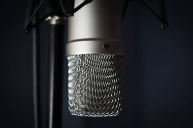 Stüdyo kayıtları için kullanılan profesyonel sabit mikrofonun yakın plan görüntüsü..