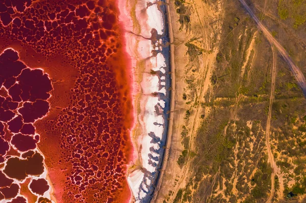 Aerial View Beautiful Crimson Salt Lake Narrow Ways Yellow Coast — Stock Photo, Image