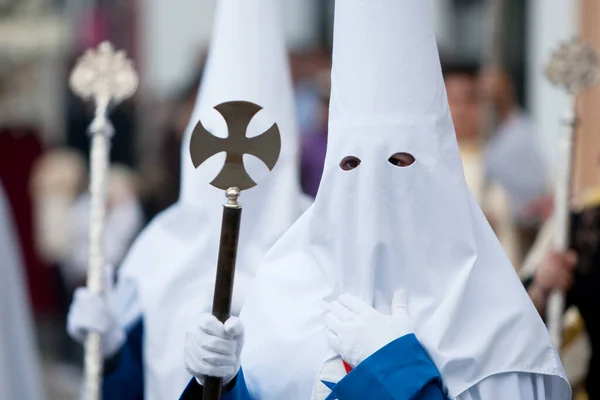 Portrait Person Traditional Capirote Cross Spanish Holy Week Procession — Stock Photo, Image