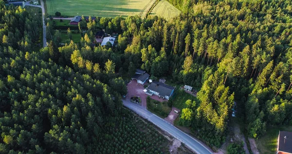 Letecký Pohled Letní Chatu Lese Během Zlaté Hodiny — Stock fotografie