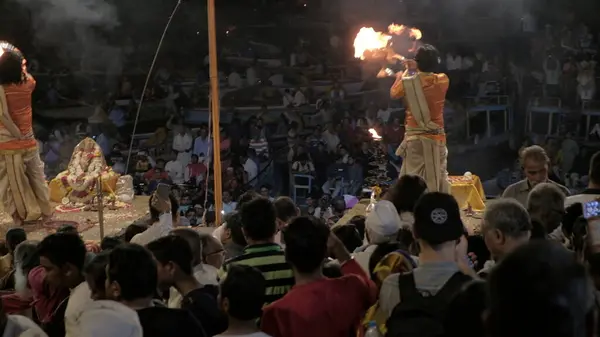 View Ganga Aarti Ceremony Held Dasashwamedh Ghat Kash — Stock Photo, Image