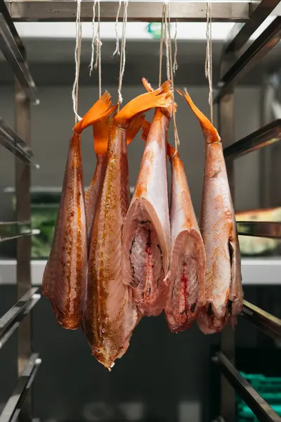 Bir Restoran Mutfağında Asılı Duran Tuzlu Balık Kümesinin Dikey Görüntüsü — Stok fotoğraf