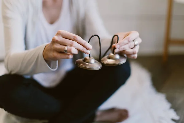 Close Shot Woman Hands Holding Tibetan Meditation Bells — Stock Photo, Image