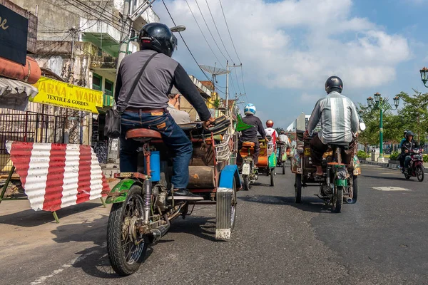 Taxi Drivers Driving Motorized Bikes Streets Jakarta Indonesia — Stock Photo, Image