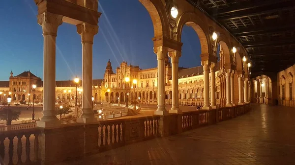 Pohled Památku Seville Španělsko Večer Světly — Stock fotografie