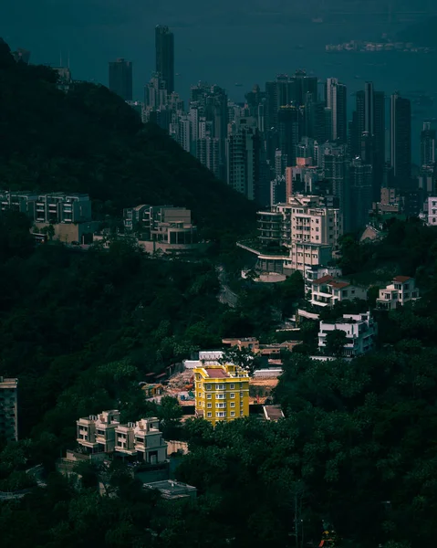 Tiro Vertical Uma Cidade Cercada Por Colinas Arborizadas — Fotografia de Stock