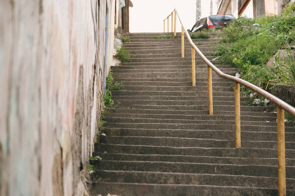 A view of ascending urban stairs with bush plants and gunge old walls outdoors