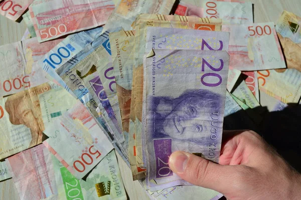Eine Draufsicht Auf Eine Hand Die Schwedische Banknoten Hält Mit — Stockfoto
