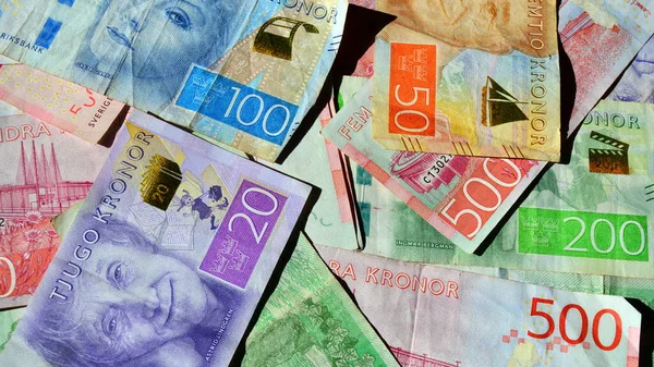 Eine Nahaufnahme Von Vielen Schwedischen Banknoten Durcheinander — Stockfoto