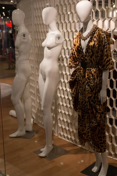 Naakte Gekleed Mannequins Staan Bij Ingang Van Winkel Rechtenvrije Stockafbeeldingen