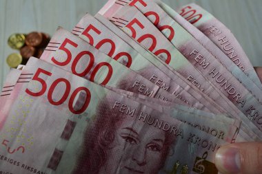 İsveç para biriminin (Krona) ahşap bir yüzey üzerindeki para ve banknotlarına yakın çekim